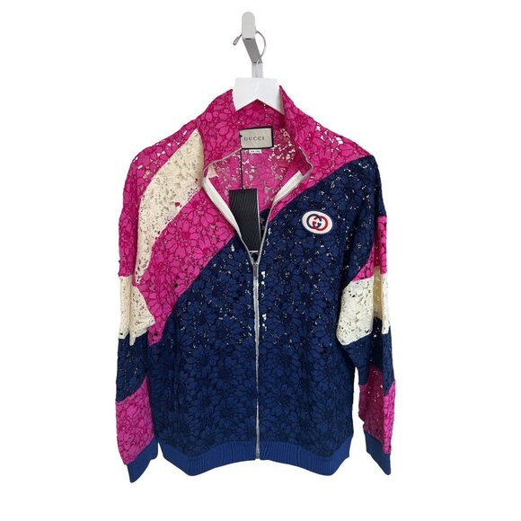 Gucci Lace Bomber Jacket Pink Navy Cream Zip-Up Logo Patch - Picture 2 of 16